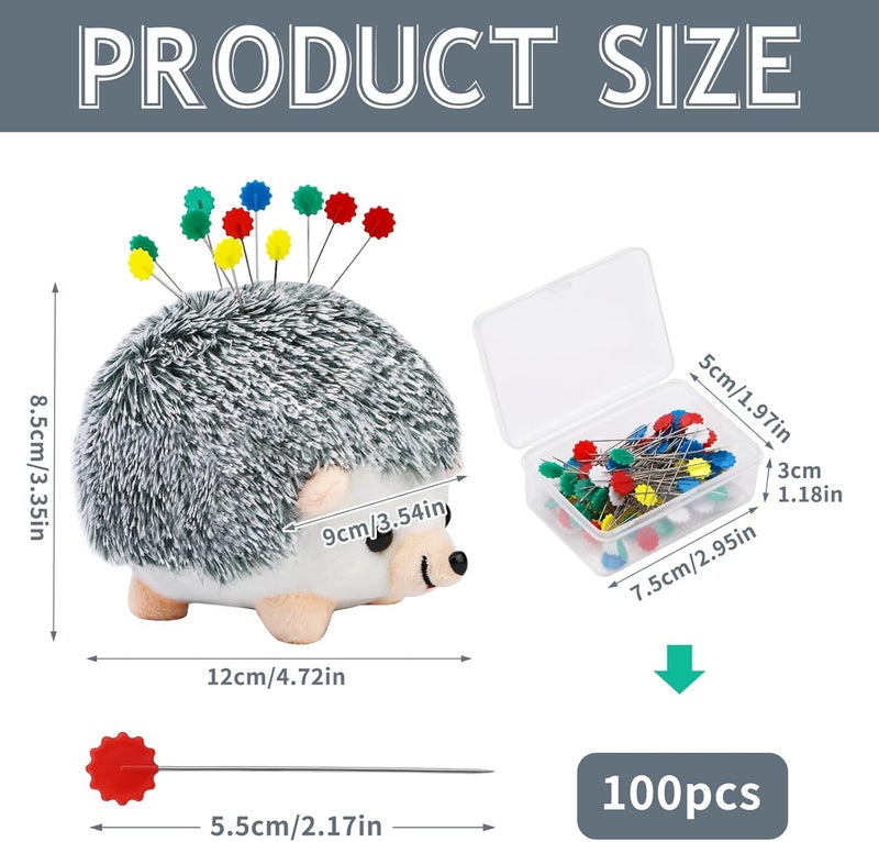 FTEVEN 100 Pieces Flat Head Straight Pins Hedgehog Pincushion Kit, Big Pincushion with Clear Storage Box and Quilting Pins, Colorful Head Straight Sewing Pins for Handicrafts DIY Sewing - Image 4